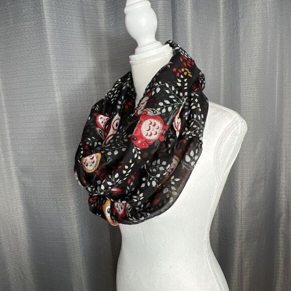 Owl Print Scarf  Soft Lightweight Sheer Infinity Wrap 100% Viscose Black & Red - Picture 4 of 7